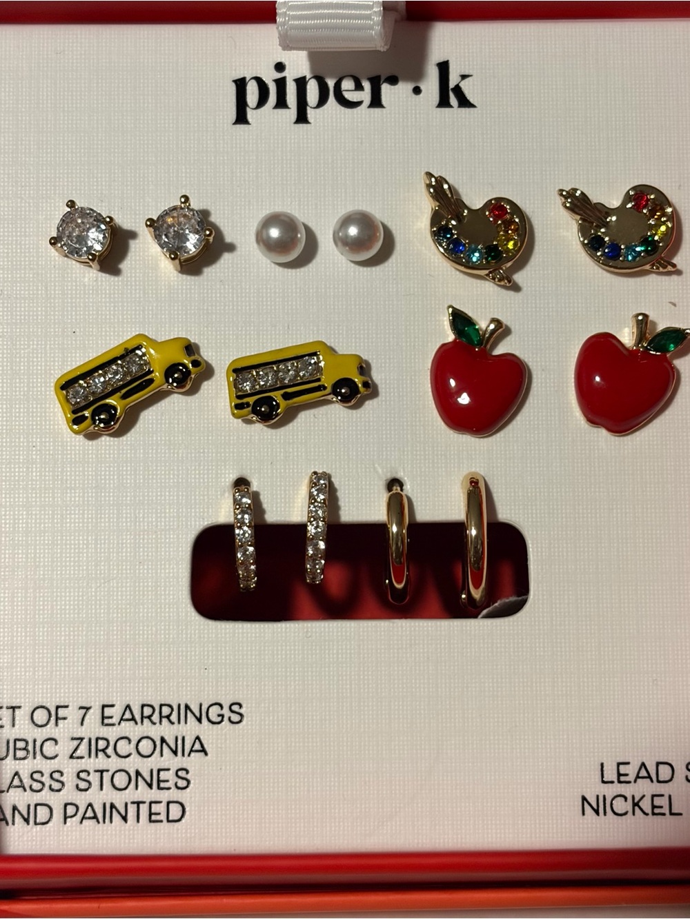 Piper K Red Apple, Yellow Bus & Faux Pearl Stud Earring Set